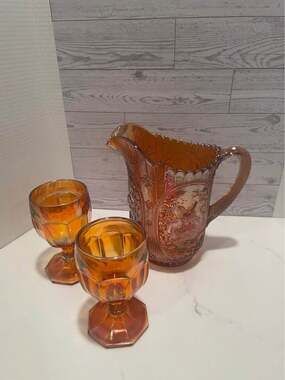 VTG Imperial Marigold glass Windmill Pitcher and 2 Colonial Panel Goblets